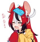  1girl animal_ears animal_on_head black_hair blush closed_eyes collar facing_viewer hair_between_eyes hair_down hakos_baelz hololive hololive_english long_hair long_sleeves mouse mouse_ears mouse_girl mouse_on_head mr._squeaks_(hakos_baelz) multicolored_hair on_head open_mouth red_hair sharp_teeth simple_background sleeves_past_fingers sleeves_past_wrists solo spiked_collar spikes streaked_hair teeth twitter_username upper_body virtual_youtuber white_background white_hair yoako 