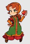  1girl apple brown_hair chibi closed_mouth curly_hair dragon_quest dragon_quest_vii dress food fruit full_body green_eyes hood ibara. long_hair maribel_(dq7) simple_background smile solo 