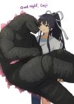  1girl :d absurdres asymmetrical_clothes black_hair clothing_cutout commission crossover english_commentary english_text godzilla godzilla_(monsterverse) godzilla_(series) godzilla_evolved hair_ribbon highres kaiju kanzaki_kaori long_hair monster monsterverse ponytail purple_eyes reverse_princess_carry ribbon sharp_teeth shirt single_pantsleg smile tatararashi teeth toaru_majutsu_no_index white_background white_shirt 
