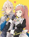  1boy 1girl apron armor bangs black_dress blue_eyes blunt_bangs blush breasts bridal_gauntlets closed_mouth collar commentary corrin_(fire_emblem) corrin_(fire_emblem)_(male) dress english_commentary felicia_(fire_emblem) fire_emblem fire_emblem_fates frilled_collar frills hair_between_eyes heart highres holding_another&#039;s_arm hug igni_tion juliet_sleeves lips long_hair long_sleeves looking_at_another looking_to_the_side maid maid_headdress medium_breasts pink_hair pink_lips pointy_ears ponytail puffy_sleeves red_eyes short_hair sidelocks silver_hair simple_background smile upper_body waist_apron white_apron yellow_background 