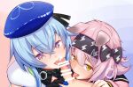  1girl 2boys animal_ears arknights bar_censor bisexual_male black_bow black_collar black_gloves black_hairband black_ribbon blue_background blue_hair blue_hat blush bow boy_and_girl_sandwich breath bright_pupils cat_ears cat_girl censored clothed_female_nude_male clothed_male_nude_male clothed_sex collar commentary_request cooperative_fellatio creator_connection cropped crossed_bangs erection fellatio floppy_ears from_above gloves goldenglow_(arknights) gradient_background group_sex hair_between_eyes hair_bow hairband hat hat_ribbon infection_monitor_(arknights) jpeg_artifacts licking licking_penis lightning_bolt_print lightning_bolt_symbol long_sleeves looking_at_viewer marianne_hanako mizuki_(arknights) mmf_threesome multiple_boys nude oral otoko_no_ko penis pink_background pov pov_crotch print_bow print_hairband purple_eyes ribbon saliva saliva_on_penis saliva_trail sandwiched short_hair_with_long_locks teamwork_(sexual) textless_version threesome tongue tongue_out variant_set white_pupils yellow_eyes 