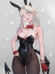  1girl :d absurdres alternate_costume animal_ears black_horns bow bowtie breasts brown_pantyhose cleavage demon_girl demon_tail detached_collar fake_animal_ears fingerless_gloves gloves grey_background grey_eyes grey_hair helltaker highres horns justice_(helltaker) long_hair looking_at_viewer medium_breasts noah_(tettsui-sole) open_mouth pantyhose playboy_bunny rabbit_ears red_bow red_bowtie red_gloves smile solo sparkle tail twitter_username 