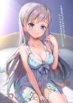  1girl babydoll barefoot bed blue_babydoll blue_eyes blush breasts cleavage collarbone commentary_request grey_hair head_tilt highres hisakawa_hayate idolmaster idolmaster_cinderella_girls idolmaster_cinderella_girls_starlight_stage large_breasts long_hair looking_at_viewer on_bed pillow sitting sitting_on_bed smile solo tudon_(donut) underwear very_long_hair wariza 