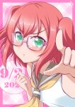  1girl absurdres bangs birthday blush bunji commentary dated eyebrows_visible_through_hair glasses green_eyes highres kurosawa_ruby looking_at_viewer love_live! love_live!_sunshine!! pink-framed_eyewear pointing pointing_at_viewer pout red_hair school_uniform shiny shiny_hair short_hair sidelocks signature solo two_side_up upper_body uranohoshi_school_uniform 