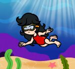  1girl ashley_(warioware) black_hair captainquack64 goggles ocean one-piece_swimsuit red_eyes red_one-piece_swimsuit sand seaweed solo starfish summer swimming swimsuit twintails underwater warioware water witch 