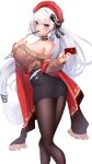  1girl absurdres ass azur_lane belfast_(azur_lane) belfast_(shopping_with_the_head_maid)_(azur_lane) beret black_skirt breasts brown_sweater choker cleavage earrings food hat high-waist_skirt highres holding holding_food holding_pocky hoop_earrings huge_breasts jewelry long_hair looking_at_viewer nail_polish off-shoulder_sweater off_shoulder official_alternate_costume pantyhose pencil_skirt pocky purple_eyes red_headwear red_nails red_shawl seele0907 simple_background skirt solo sweater very_long_hair white_background 