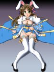  1girl animal_ears arch_bishop_(ragnarok_online) black_shoes blue_bow blue_dress blush bow breasts brown_hair brown_pubic_hair character_name cleavage cleavage_cutout clothes_lift clothing_cutout commentary_request cross cum cum_on_body cum_on_breasts cum_on_crotch dress facial fake_animal_ears female_pubic_hair fingernails fishnet_thighhighs fishnets frilled_thighhighs frills full_body green_eyes hair_bow juliet_sleeves large_breasts long_hair long_sleeves looking_at_viewer no_panties open_mouth pelvic_curtain pelvic_curtain_lift pink_bow pubic_hair puffy_sleeves rabbit_ears ragnarok_online red_nails sash shoes sitting solo tatsumi_ray thighhighs translation_request two-tone_dress white_dress white_thighhighs yellow_sash 