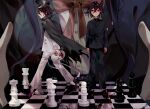  1girl 2boys arms_at_sides bangs black_cape black_footwear black_hair black_headwear black_jacket black_pants blue_hair breasts buttons cape checkered checkered_floor chess_piece chessboard chu_dong closed_eyes closed_mouth crossed_bangs danganronpa_(series) danganronpa_v3:_killing_harmony dress_shirt dual_persona from_side full_body grey_jacket grey_pants hair_between_eyes head_out_of_frame highres holding holding_mask jacket large_breasts long_sleeves looking_at_viewer male_focus mask mask_removed multiple_boys official_alternate_costume ouma_kokichi pants purple_hair red_ribbon ribbon school_uniform shiny shiny_hair shirogane_tsumugi shirt shoes standing torn_cape torn_clothes upper_body walking 