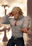  1boy alternate_costume bara beard beckoning biguncle black_pants blonde_hair blurry blurry_background bursting_pectorals bwanga collared_shirt come_hither contemporary covered_abs dungeon_and_fighter embarrassed facial_hair feet_out_of_frame formal hand_on_own_head highres large_pectorals long_hair long_sleeves male_focus mature_male muscular muscular_male outstretched_hand pants partially_unbuttoned pectoral_cleavage pectorals reaching_out salaryman scar scar_across_eye scar_on_face scar_on_nose shirt solo taut_clothes taut_shirt white_shirt 