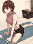  1girl bangs bare_shoulders barefoot black_shorts box breasts brown_hair cardboard_box cellphone crop_top halter_top halterneck hands_on_floor highres indoors light_blush looking_at_phone medium_breasts midriff nail_polish open_box original phone pink_shirt purple_eyes setu_kurokawa shirt short_hair short_shorts shorts sleeveless smartphone solo stretch twitter_username yoga yoga_mat 