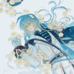  1boy belt black_belt black_cape black_shirt blue_belt blue_hair cape closed_mouth collared_cape daisy epaulettes expressionless fins flower gloves hair_between_eyes hair_flower hair_ornament head_fins highres jacket long_hair long_sleeves looking_at_flowers looking_to_the_side lying male_focus military_uniform official_alternate_costume on_back red_eyes sam_browne_belt shirt shuling shunde_raw_fish_(the_tale_of_food) single_epaulette sleeve_cuffs solo the_tale_of_food unworn_headwear white_background white_flower white_gloves white_jacket 