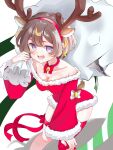 1girl :d absurdres animal_ears antlers anya_melfissa bare_shoulders bell blonde_hair blunt_bangs bob_cut bow bowtie brown_hair deer_ears deer_tail dress earrings feet_out_of_frame fur_trim hairband hand_on_own_knee highres holding holding_sack hololive hololive_indonesia horns jewelry kris_(weapon) looking_at_viewer maaru_(jatjem1vy6nok0o) microdress multicolored_hair neck_bell off-shoulder_dress off_shoulder open_mouth purple_eyes red_bow red_bowtie red_dress red_hairband red_ribbon reindeer_antlers ribbon ripping sack santa_costume santa_dress short_hair smile streaked_hair tail white_background white_bow white_bowtie 
