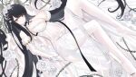  1girl absurdly_long_hair azur_lane bare_shoulders black_hair breasts cleavage detached_collar dress dutch_angle elbow_gloves flower gloves hair_flower hair_ornament highres large_breasts long_dress long_hair looking_at_viewer megumi_kei official_alternate_costume peter_strasser_(a_moment_frozen_in_pure_white)_(azur_lane) peter_strasser_(azur_lane) purple_eyes see-through_dress sleeveless sleeveless_dress solo very_long_hair wedding_dress white_dress white_flower 