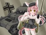  1girl :d animal_ears black_headwear black_skirt breasts brown_hair cannon collared_shirt commentary_request cross ground_vehicle hair_ornament hat heart heart_hair_ornament holding iron_cross kanijiru long_hair long_sleeves looking_at_viewer low_twintails medium_breasts military military_vehicle motor_vehicle open_mouth orange_eyes original panzerkampfwagen_iv personification pleated_skirt shirt skirt smile solo tail tank thighhighs twintails twitter_username very_long_hair white_legwear white_shirt yellow_eyes 