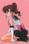  1990s_(style) 1girl back_bow bangs bishoujo_senshi_sailor_moon bow brown_hair earrings elbow_gloves gloves green_footwear green_sailor_collar green_skirt high_heels high_ponytail inner_senshi jewelry kino_makoto leotard long_hair looking_at_viewer magical_girl official_art pink_background retro_artstyle sailor_collar sailor_jupiter sailor_senshi scan simple_background sitting skirt smile solo stud_earrings tiara wariza 