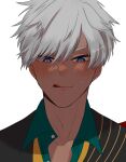  1boy :q adam's_apple blue_eyes blush coat collarbone collared_shirt dark-skinned_male dark_skin earrings facing_viewer highres jewelry kuku_nisu licking_lips looking_down loose_necktie male_focus mammon_(obey_me!) multicolored_eyes necktie obey_me!:_one_master_to_rule_them_all! parted_bangs partially_unbuttoned portrait shade shirt short_hair simple_background smile solo stud_earrings sweatdrop tongue tongue_out two-tone_eyes white_background white_hair yellow_eyes 