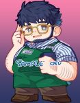  1boy acrylic_stand_(medium) apron arm_hair bara barista beard blue_hair blush chibi chibi_only chinstrap_beard deformed facial_hair full_beard full_body glasses gradient_hair green_apron green_eyes live_a_hero looking_at_viewer male_focus multicolored_hair mustache_stubble osu_(osumankokuou) plump santetsu_(live_a_hero) short_hair solo standing stubble thick_eyebrows 