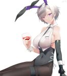  1girl absurdres ahoge animal_ears azur_lane backless_leotard between_breasts black_bra black_legwear black_leotard black_neckwear bra breasts covered_navel elbow_gloves fake_animal_ears gloves highres large_breasts larger_bmx leotard leotard_under_clothes looking_at_viewer necktie necktie_between_breasts official_alternate_costume pantyhose playboy_bunny purple_eyes rabbit_ears reno_(azur_lane) reno_(reno_bunnino)_(azur_lane) see-through_shirt shirt short_hair side-tie_leotard simple_background single_elbow_glove sitting sleeveless sleeveless_shirt solo thigh_strap twintails underwear white_background white_shirt wrist_cuffs 