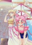  1girl 2girls alternate_costume alternate_hairstyle bishoujo_senshi_sailor_moon blonde_hair blue_eyes blue_skirt braided_twintails chibi_usa choker collarbone cone_hair_bun cup disposable_coffee_cup disposable_cup double_bun drinking hair_bun highres koya long_hair long_skirt midriff miniskirt multiple_girls navel parted_bangs pink_hair pink_shirt red_eyes shirt skirt sunglasses tsukino_usagi white_skirt 