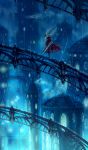  1other blue_theme bridge building cloud commentary from_behind highres hollow_knight hornet_(hollow_knight) nail no_humans rain red_robe robe scenery sinsin719 solo standing string tower weapon weapon_on_back wet wet_clothes wide_shot window 