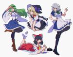  4girls apron black_legwear black_skirt black_vest blonde_hair blue_eyes boots braid brown_eyes brown_footwear detached_sleeves eating eyebrows_visible_through_hair food_in_mouth green_hair green_neckwear green_ribbon hair_between_eyes hair_ribbon hair_tubes hakurei_reimu high_heels iganashi1 izayoi_sakuya kirisame_marisa kochiya_sanae long_hair looking_at_viewer lying maid maid_apron maid_headdress multiple_girls nontraditional_miko on_stomach open_mouth pantyhose red_ribbon red_skirt red_vest ribbon ribbon-trimmed_sleeves ribbon_trim senbei short_hair simple_background skirt touhou tress_ribbon twin_braids vest white_background yellow_eyes 