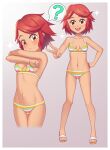  1girl :d ? absurdres ass_visible_through_thighs bangs bikini blush border breasts brown_eyes child closed_mouth collarbone commentary english_commentary eyebrows_visible_through_hair eyelashes gazing_eye grey_background hand_on_hip highres knees multiple_views navel open_mouth pokemon pokemon_(game) pokemon_masters_ex red_hair sandals smile sparkle spoken_question_mark standing striped striped_bikini swept_bangs swimsuit teeth tina_(pokemon) toes tongue upper_teeth v white_border 