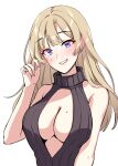  1girl absurdres adjusting_hair bangs bare_shoulders blonde_hair blue_eyes blush breasts center_opening cleavage clenched_teeth eyebrows_visible_through_hair foxyreine hand_up highres large_breasts long_hair meme_attire mole mole_on_breast mole_under_eye multicolored_eyes nose_blush open_mouth original parted_bangs purple_eyes sidelocks simple_background smile solo teeth turtleneck upper_body virgin_killer_sweater white_background 