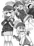  1girl aoba_(blue_archive) blue_archive blush cabbie_hat camisole fey_(whitepaper) gloves halo hat highres jacket monochrome open_clothes open_jacket skirt twintails underwear 