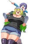  1boy 1girl :d :o bangs black_legwear black_shirt blunt_bangs blush bowl_cut breasts carrying cleavage closed_eyes denim denim_shorts dragon_girl dragon_horns food gradient_hair green_hair hair_between_eyes hat highres horns huge_breasts impossible_clothes kobayashi-san_chi_no_maidragon long_hair lucoa_(maidragon) magatsuchi_shouta multicolored_hair open_mouth photoshop_(medium) pocky purple_eyes purple_hair shiny shiny_hair shiny_skin shirt short_shorts shorts shoulder_carry skindentation smile solo_focus standing standing_on_one_leg thighhighs utamaro wavy_hair white_headwear 