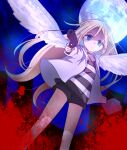  1girl angel_wings bangs bird_wings black_shirt black_shorts blonde_hair blood blue_eyes closed_mouth eyebrows_visible_through_hair feet_out_of_frame full_moon gun highres holding holding_gun holding_weapon jacket kirby_(tiokirby) long_hair long_sleeves looking_at_viewer moon open_clothes open_jacket rachel_gardner satsuriku_no_tenshi shirt shorts solo standing striped striped_shirt two-tone_shirt weapon white_jacket white_shirt white_wings wings 