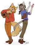  2boys animal_ears artist_name cat_boy cat_ears cat_tail claws dated english_commentary fox_boy fox_ears fox_tail furrification furry furry_male highres holding holding_instrument instrument lute_(instrument) male_focus miguel_(el_dorado) multiple_boys music open_mouth pawpads playing_instrument signature smile tail tail_wrap tatujapa the_road_to_el_dorado tulio_(el_dorado) whiskers white_background 