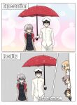  4girls absurdres anger_vein azur_lane cleveland_(azur_lane) columbia_(azur_lane) commander_(azur_lane) denver_(azur_lane) eyewear_on_head gekkan_shoujo_nozaki-kun grey_hair hat highres holding holding_umbrella military_uniform montpelier_(azur_lane) multiple_girls naval_uniform ozawa_ari parody peaked_cap rain shaded_face shared_umbrella siblings sisters sweatdrop umbrella voice_actor_connection white_hat you&#039;re_doing_it_wrong yuto_akaji 