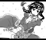  1girl belt braid closed_mouth coat dress gloves greyscale gun hairband kitayama_miuki long_hair looking_at_viewer monochrome simple_background solo virginia_maxwell weapon white_background wild_arms wild_arms_3 