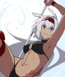  1girl animal_ears arm_up armpits bangs bare_shoulders bikini black_bikini black_hairband blue_eyes body_markings breasts caenis_(fate) caenis_(swimsuit_rider)_(fate) cleavage eyebrows_visible_through_hair eyewear_on_head fate/grand_order fate_(series) grin hairband harpoon highres large_breasts long_hair looking_at_viewer nail_polish navel sanae-aragaki smile solo sunglasses swimsuit thighs very_long_hair white_hair white_nails wristband 