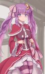  1girl beatrice_(re:zero) beatrice_(re:zero)_(cosplay) breasts capelet cosplay cowboy_shot crescent crescent_hair_ornament eyebrows_visible_through_hair fur-trimmed_capelet fur_trim hair_ornament highres large_breasts long_hair looking_at_viewer namiki_(remiter00) patchouli_knowledge pink_ribbon purple_eyes purple_hair purple_legwear re:zero_kara_hajimeru_isekai_seikatsu red_capelet ribbon solo touhou twintails very_long_hair 