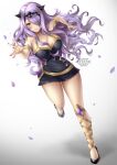  1girl absurdres armlet black_dress black_footwear breasts camilla_(fire_emblem) cleavage closed_mouth collarbone diadem dress fire_emblem fire_emblem_fates floating_hair full_body hair_over_one_eye highres large_breasts long_hair nail_polish petals pumps purple_eyes purple_hair red_nails running ryuuneart short_dress sleeveless sleeveless_dress smile solo very_long_hair white_background 