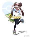  1girl :d absurdres black_legwear blue_eyes bow breasts brown_hair commentary_request double_bun hand_on_headwear highres leg_up legwear_under_shorts long_hair open_mouth pantyhose pink_bow pokemon pokemon_(creature) pokemon_(game) pokemon_bw2 raglan_sleeves rosa_(pokemon) shirt shoes short_shorts shorts smile sneakers snivy standing standing_on_one_leg teru_zeta tongue twintails visor_cap yellow_shorts 