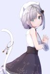  1girl animal_ears animal_hat bangs bare_shoulders basa_rutan beret black_skirt blue_eyes cat_hat cat_tail closed_mouth commentary_request eyebrows_visible_through_hair fake_animal_ears frills grey_hair hair_over_one_eye hat highres kaga_sumire key looking_at_viewer looking_to_the_side lupinus_virtual_games purple_background shirt short_hair simple_background skirt sleeveless sleeveless_shirt smile solo steepled_fingers tail tail_raised virtual_youtuber vspo! white_headwear white_shirt wrist_cuffs 