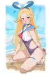  1girl :d absurdres alice_(world_flipper) beach blonde_hair blush breasts hairband highres jin_rou kneeling long_hair looking_at_viewer one-piece_swimsuit open_mouth purple_eyes sailor_collar sandals smile solo swimsuit thigh_strap very_long_hair world_flipper 