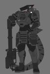 9live anthro armor armwear backpack clothing dozer_(9live) faceless female fish full_armor headgear helmet hi_res m134 mackerel_shark marine megalodon painted_armor prehistoric_species shark shark_tail shoulder_pads simple_background solo