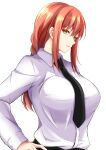  1girl bangs black_necktie breasts chainsaw_man commentary_request eyebrows_visible_through_hair highres huge_breasts long_hair long_sleeves looking_at_viewer makima_(chainsaw_man) necktie parted_lips red_hair shirt simple_background solo upper_body watarasera_piro white_background white_shirt yellow_eyes 