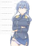  1girl akara_kai black_neckerchief blue_eyes blue_hair blush breasts gloves gotland_(kancolle) hair_between_eyes hair_bun half_gloves highres kantai_collection lifting_own_clothes long_hair long_sleeves looking_at_viewer medium_breasts military_uniform mole mole_under_eye neckerchief panties ponytail purple_panties simple_background single_hair_bun skirt smile solo underwear white_background white_gloves 