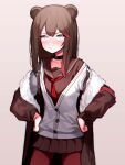  1girl absurdres animal_ears arknights bear_ears beudelb black_choker blue_eyes brown_coat brown_hair brown_sailor_collar brown_shirt brown_skirt choker coat commentary cowboy_shot fur-trimmed_coat fur_trim grey_background hands_on_hips highres korean_commentary long_hair looking_at_viewer multicolored_hair open_clothes open_coat pantyhose pleated_skirt red_hair red_legwear sailor_collar school_uniform serafuku shirt simple_background skirt solo streaked_hair sweater_vest white_sweater_vest zima_(arknights) 