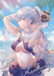  1girl anastasia_(fate) anastasia_(swimsuit_archer)_(fate) az_(zero_glvimayhop) beach bikini bikini_skirt blue_eyes breasts character_name fate/grand_order fate_(series) hair_tie_in_mouth highres long_hair medium_breasts mouth_hold navel ponytail see-through_sleeves silver_hair swimsuit viy_(fate) 