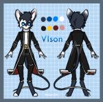 allsonwa anthro blue_background blue_body blue_eyes blue_fur clothed clothing digitigrade dipodid english_text front_view fur grey_background hi_res hybrid jerboa male mammal model_sheet murid murine rat rear_view rodent simple_background solo standing text vison_(allsonwa) white_body white_fur