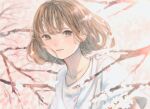  1girl bob_cut branch brown_eyes brown_hair cherry_blossoms collarbone commentary_request highres looking_at_viewer orie_h original outdoors shirt short_hair solo spring_(season) t-shirt tearing_up upper_body white_shirt 
