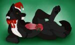  balls black_body black_claws black_fur black_nose black_pawpads bow_ribbon canid canine claws clothing echo_(wolffylegend) erection feral fur genitals gradient_penis grey_balls grey_body grey_fur grin hat headgear headwear hi_res killthe_demon knot looking_at_viewer lying male mammal on_side pawpads penis pink_penis presenting presenting_balls presenting_penis red_clothing red_hat red_headwear red_penis simple_background smile solo white_body white_fur yellow_eyes 
