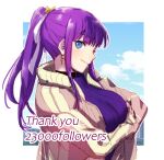  1girl aoba_(smartbeat) bangs blue_eyes blue_sky blue_sweater blunt_bangs blush breasts brown_jacket crossed_arms fate/grand_order fate_(series) hair_ribbon jacket large_breasts long_hair looking_at_viewer martha_(fate) one_eye_closed purple_hair ribbed_sweater ribbon sky smile solo sweater turtleneck turtleneck_sweater 