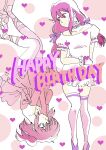  2girls bangs birthday commentary_request dress elbow_gloves english_text furihata_ai_(artist) gloves green_eyes happy_birthday heart highres kurosawa_ruby long_hair love_live! love_live!_sunshine!! low_twintails multiple_girls pink_theme red_hair sakurauchi_riko short_hair sidelocks thighhighs twintails two_side_up yellow_eyes 
