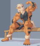 abs anthro anthrofied arcanine armpit_hair armpit_tuft ball_tuft balls biceps big_muscles blue_eyes bodily_fluids body_hair claws cum cum_string digital_drawing_(artwork) digital_media_(artwork) feet flexing flexing_bicep full-length_portrait fur generation_1_pokemon genital_fluids genitals hair hi_res kaioat looking_at_viewer male muscular muscular_anthro muscular_male nintendo nipples nude pecs penis pokemon pokemon_(species) pokemorph portrait precum simple_background sitting smile smirk solo tail teeth tuft vein veiny_muscles veiny_penis watermark